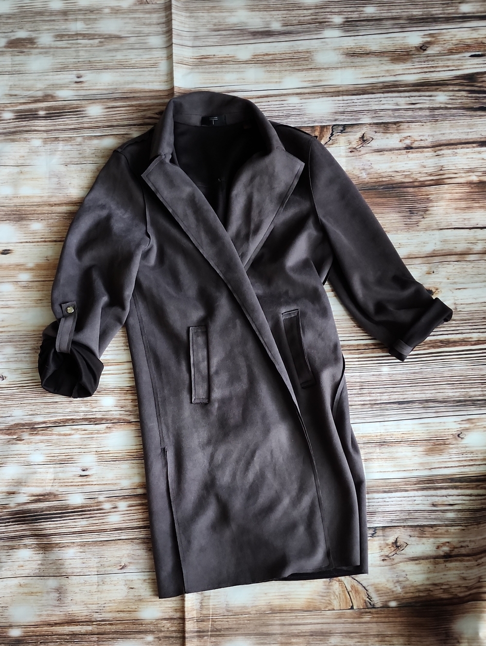 Classic Long Open-Front Trench Coat in Charcoal Gray